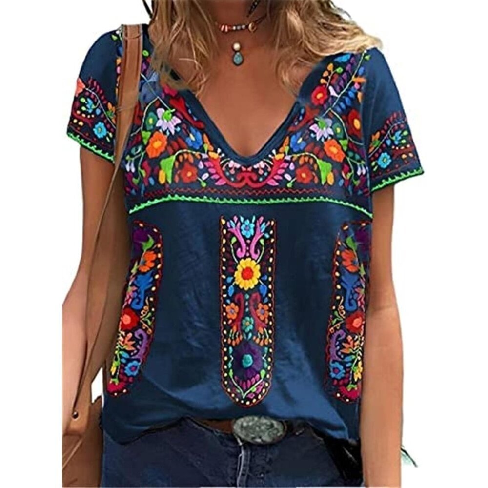 Women Mexican Shirt Floral Embroidered V Neck Boho Casual Top Navy Large